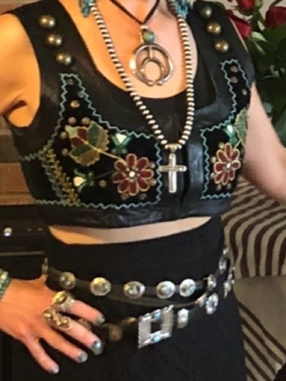 Double D Ranch Black Leather Vest with Teal Lining and Beaded Floral Embroidery